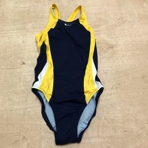Nike Girls One Piece Swimsuit Size 10 Navy Yellow Athletic Swimwear